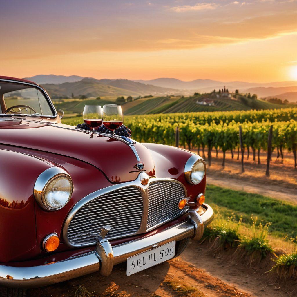 A vintage car parked beside a rustic vineyard at sunset, with elegant wine glasses filled with rich red wine on the hood of the car. Grapes scattered artfully around, showcasing the connection between fine wine and automotive passion. In the background, rolling hills imbued with warm golden light, evoking a sense of adventure and luxury. super-realistic. vibrant colors. warm tones.
