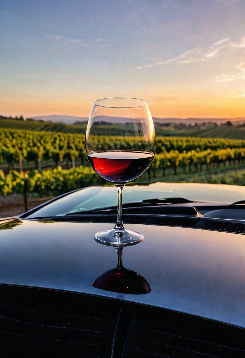 A stylish wine glass elegantly placed on the hood of a shiny sports car, reflecting the sunset. In the background, rolling vineyards stretch out under a clear blue sky, while a soft breeze slightly rustles the leaves. The scene is vibrant, evoking a sense of luxury and adventure, perfect for car and wine enthusiasts. ultra-realistic. vibrant colors. soft focus.
