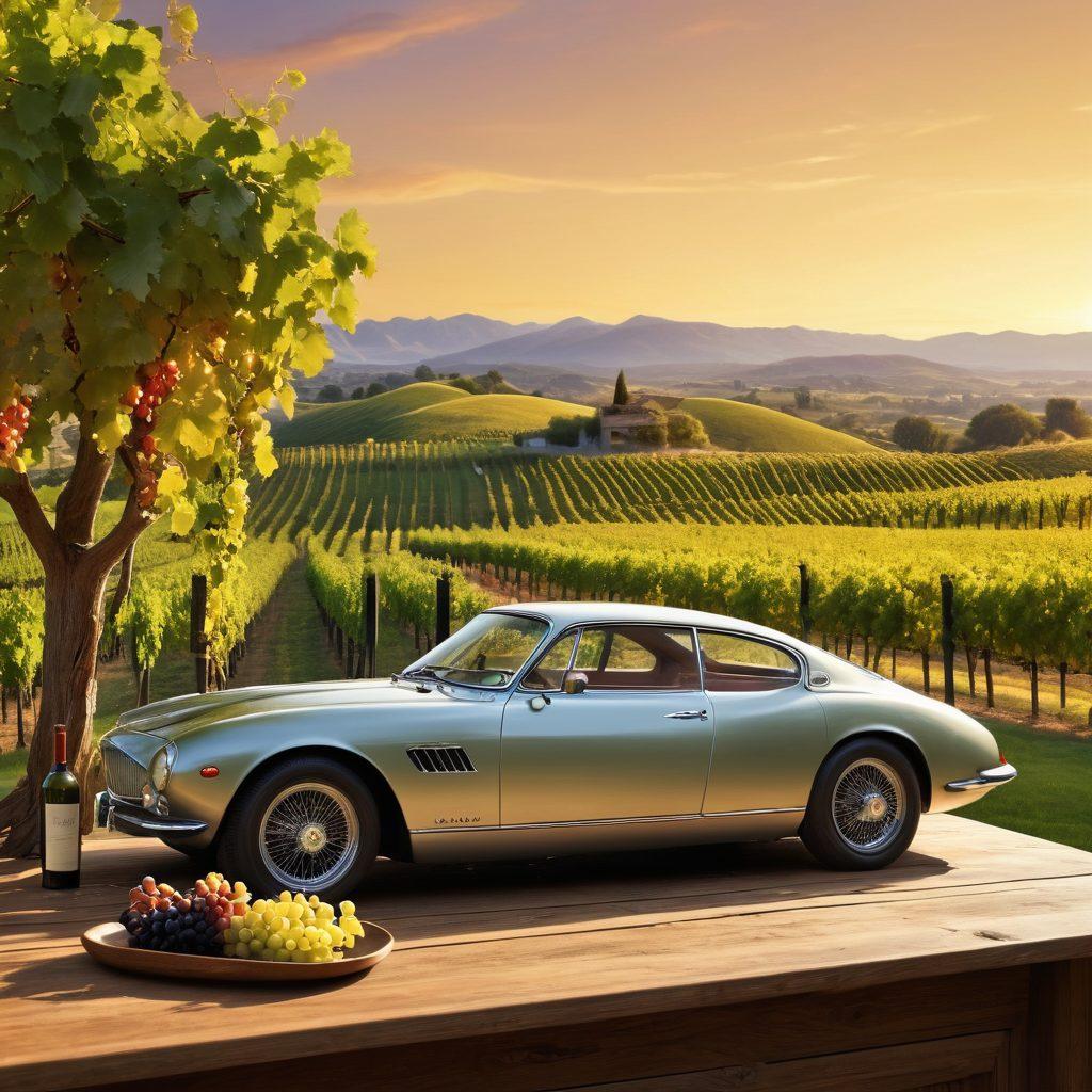 A stunning collage showcasing a lush vineyard under a golden sunset, with winding grapevines and ripe grapes. In contrast, a sleek luxury car is parked next to a rustic wooden dashboard featuring wine glasses, a corkscrew, and tasting notes spread out. The image blends the essence of winemaking and automotive design, creating a harmonious relationship between the two passions. The background features rolling hills and a clear sky, evoking a serene and sophisticated atmosphere. super-realistic. vibrant colors. 3D.